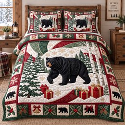Black Bear 3 Piece Quilted Bedding Set Christmas Gift For Bear Lovers