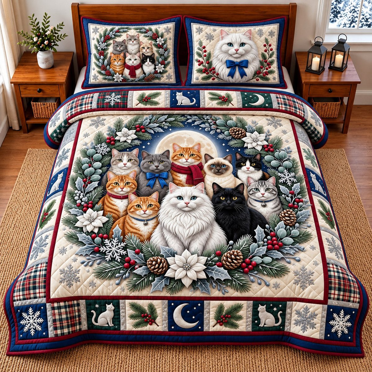Winter Cat 3 Piece Quilted Bedding Set Christmas Gift For Cat Lovers