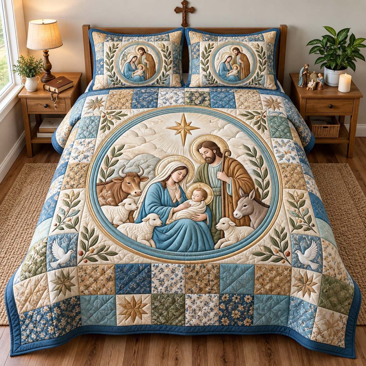 Peaceful Nativity Christian 3 Piece Quilted Bedding Set Gift For Christians
