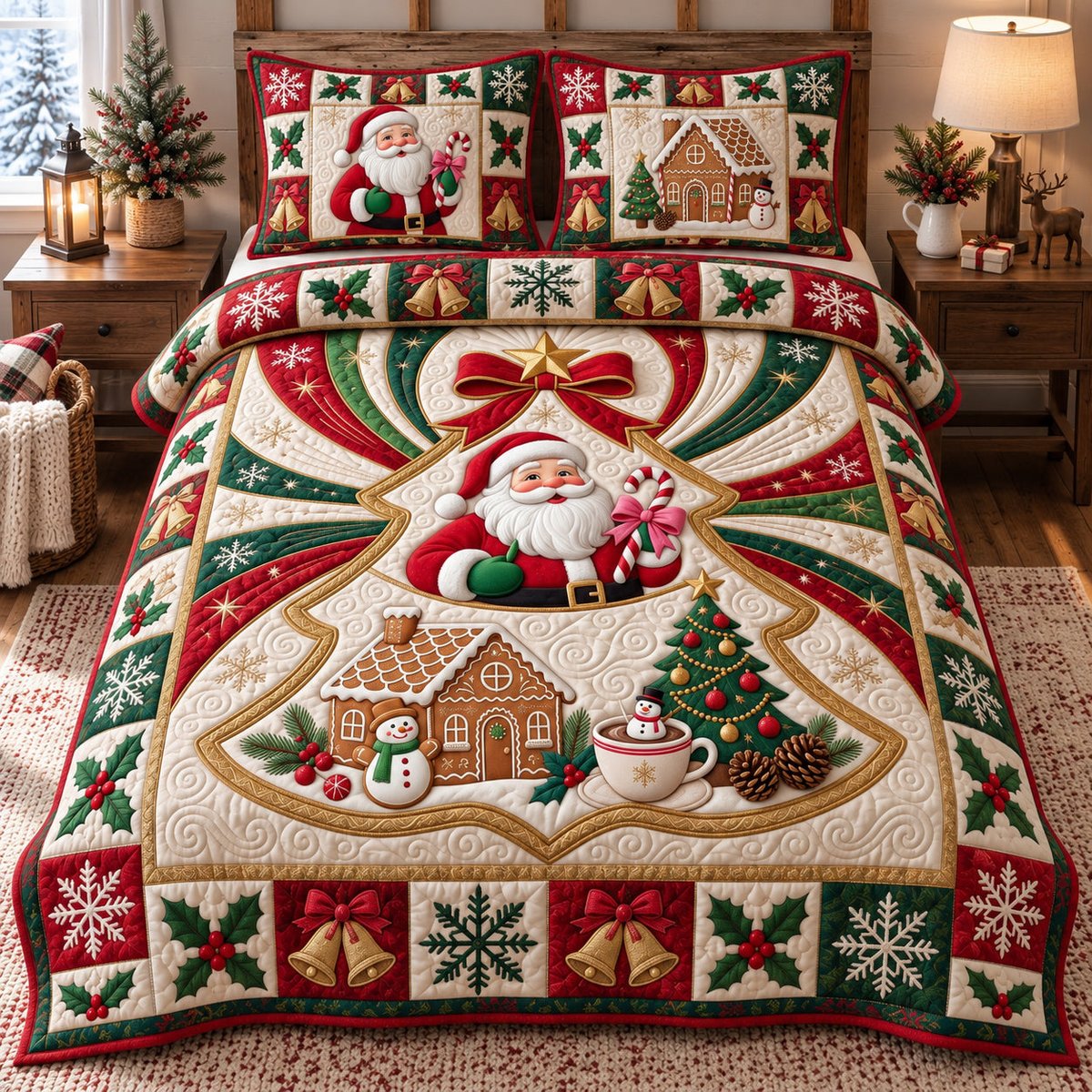 Festive Santa Claus 3 Piece Quilted Bedding Set Christmas Gift For Holiday Decor Lovers