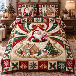 Festive Santa Claus 3 Piece Quilted Bedding Set Christmas Gift For Holiday Decor Lovers