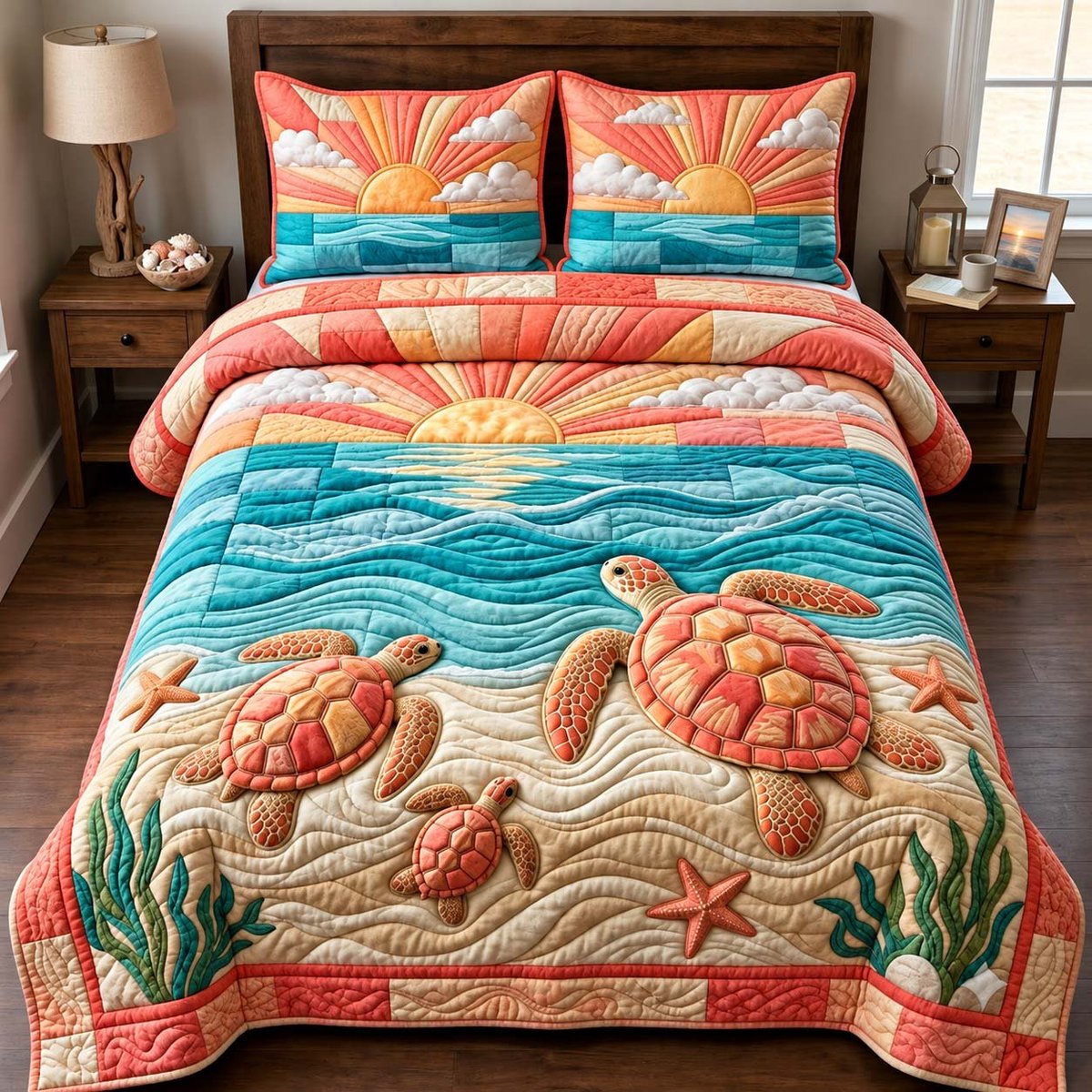 Sunset Turtle Family Beach 3 Piece Quilted Bedding Set Gift For Turtle Lovers