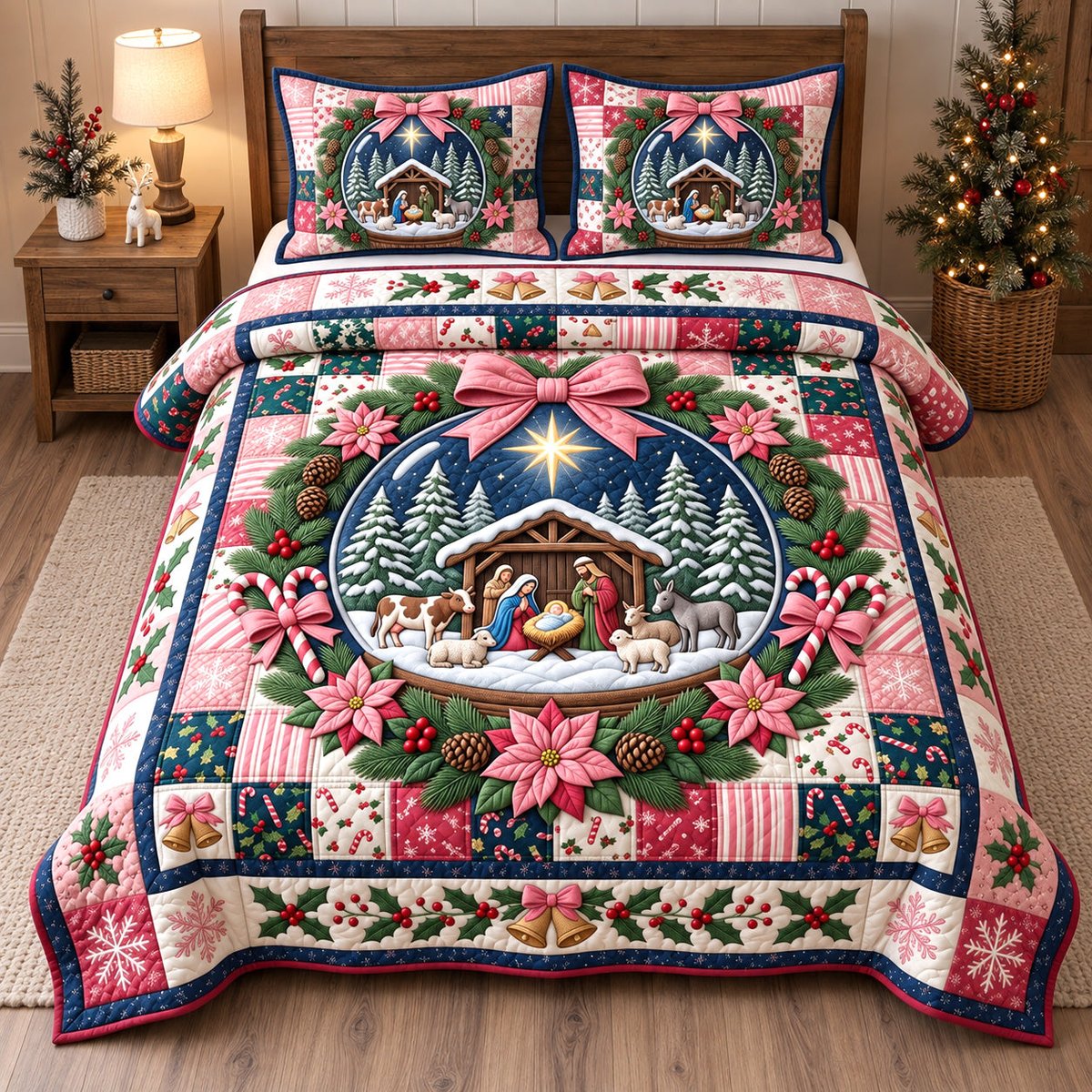 Snow Globe Nativity 3 Piece Quilted Bedding Set Christmas Gift For Christians