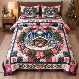Snow Globe Nativity 3 Piece Quilted Bedding Set Christmas Gift For Christians