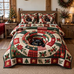 Festive Swirl Cat 3 Piece Quilted Bedding Set Christmas Gift For Cat Lovers
