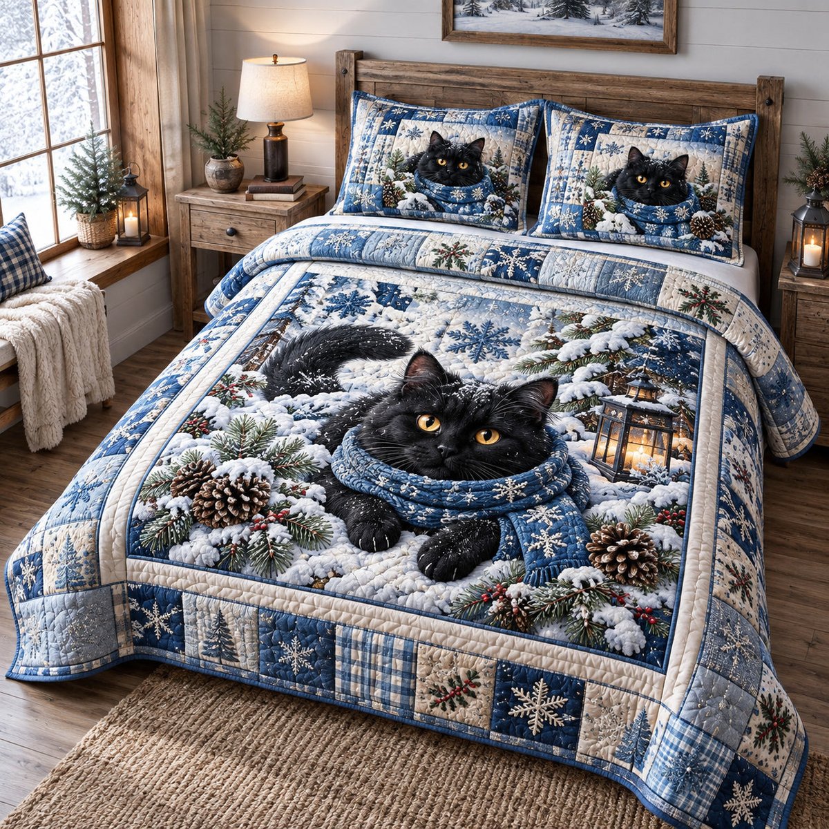 Snowy Winter Black Cat 3 Piece Quilted Bedding Set Christmas Gift For Cat Lovers