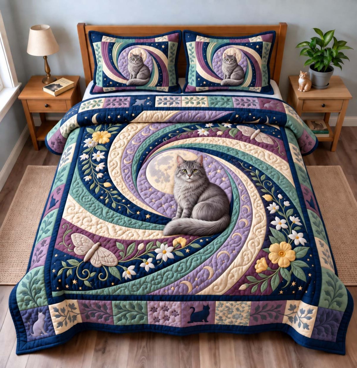 Moonlit Cat 3 Piece Quilted Bedding Set Gift For Cat Lovers