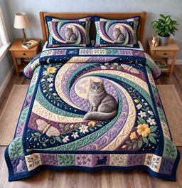 Moonlit Cat 3 Piece Quilted Bedding Set Gift For Cat Lovers