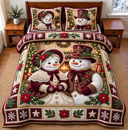 Snowman Couple 3 Piece Quilted Bedding Set Gift For Holiday Decor Lovers