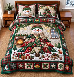 Snowman Tree 3 Piece Quilted Bedding Set Gift For Holiday Decor Lovers