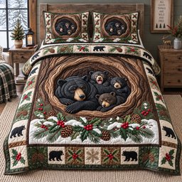 Winter Bear Family 3 Piece Quilted Bedding Set Christmas Gift For Bear Lovers
