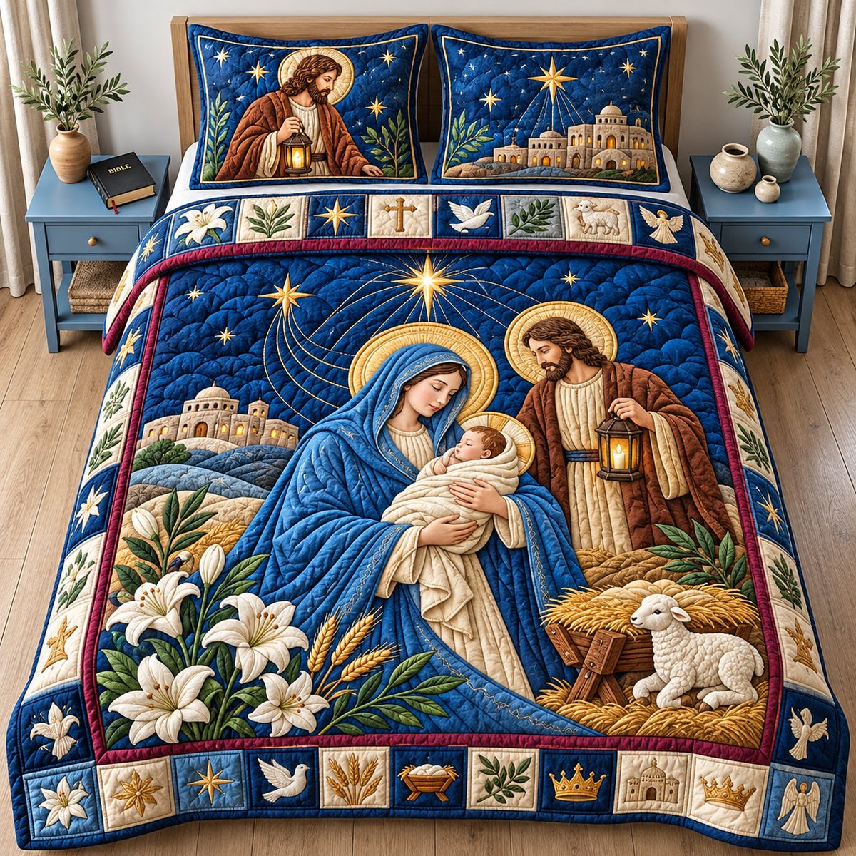 Holy Night Cardinal 3 Piece Quilted Bedding Set Gift For Bird Lovers