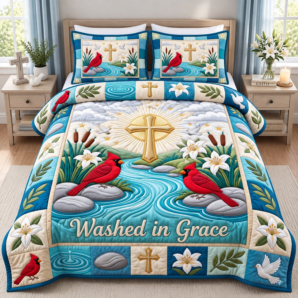 Christian Cardinal 3 Piece Quilted Bedding Set Gift For Bird Lovers