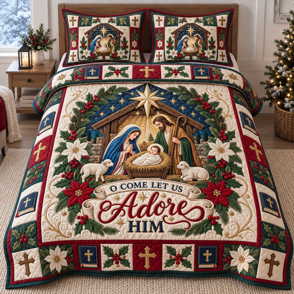 Adore Him Nativity Christian 3 Piece Quilted Bedding Set Gift For Christians