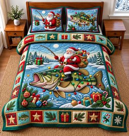 Santa Fishing 3 Piece Quilted Bedding Set Christmas Gift For Fishing Lovers