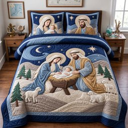 Peaceful Holy Night Christian 3 Piece Quilted Bedding Set Gift For Christians