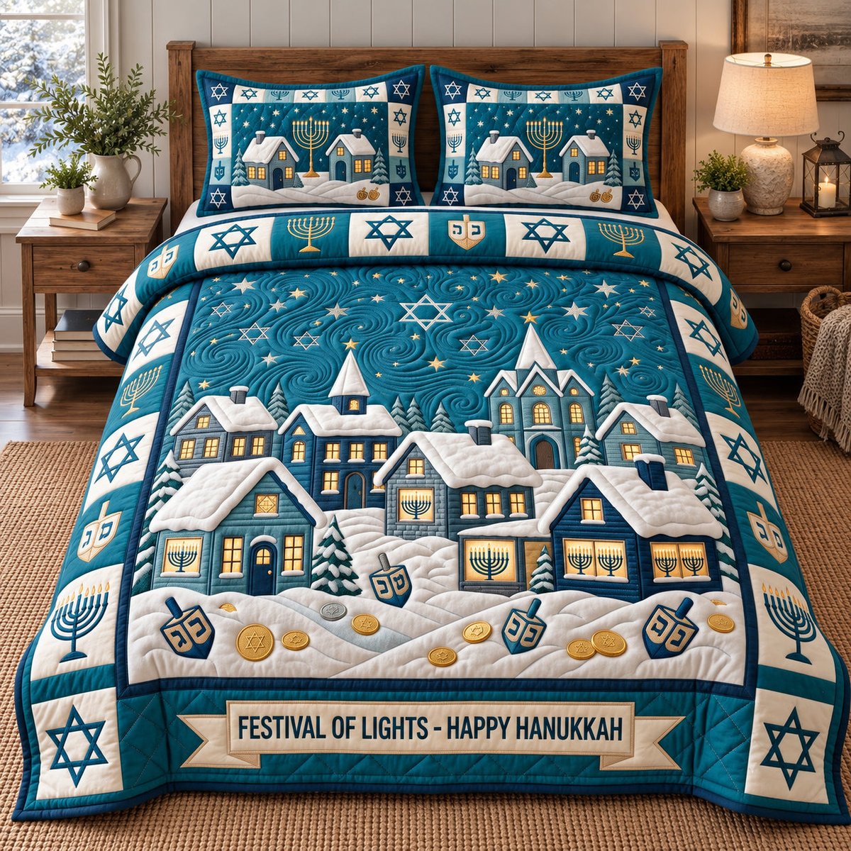 Winter Hanukkah Village 3 Piece Quilted Bedding Set Gift For Home Decor Lovers
