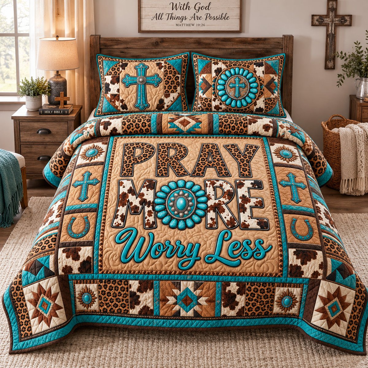 Pray More Worry Less 3 Piece Quilted Bedding Set Gift For Christians