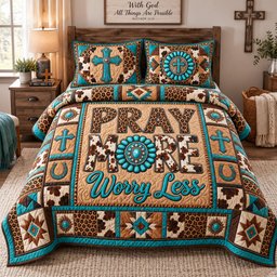 Pray More Worry Less 3 Piece Quilted Bedding Set Gift For Christians