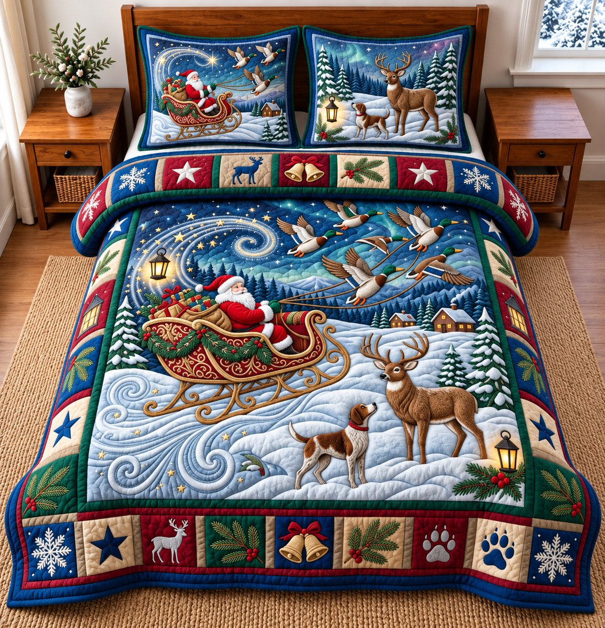 Santa Sleigh 3 Piece Quilted Bedding Set Christmas Gift For Holiday Decor Lovers