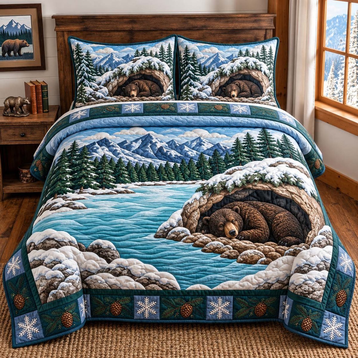Snowy Bear Den 3 Piece Quilted Bedding Set Gift For Bear Lovers