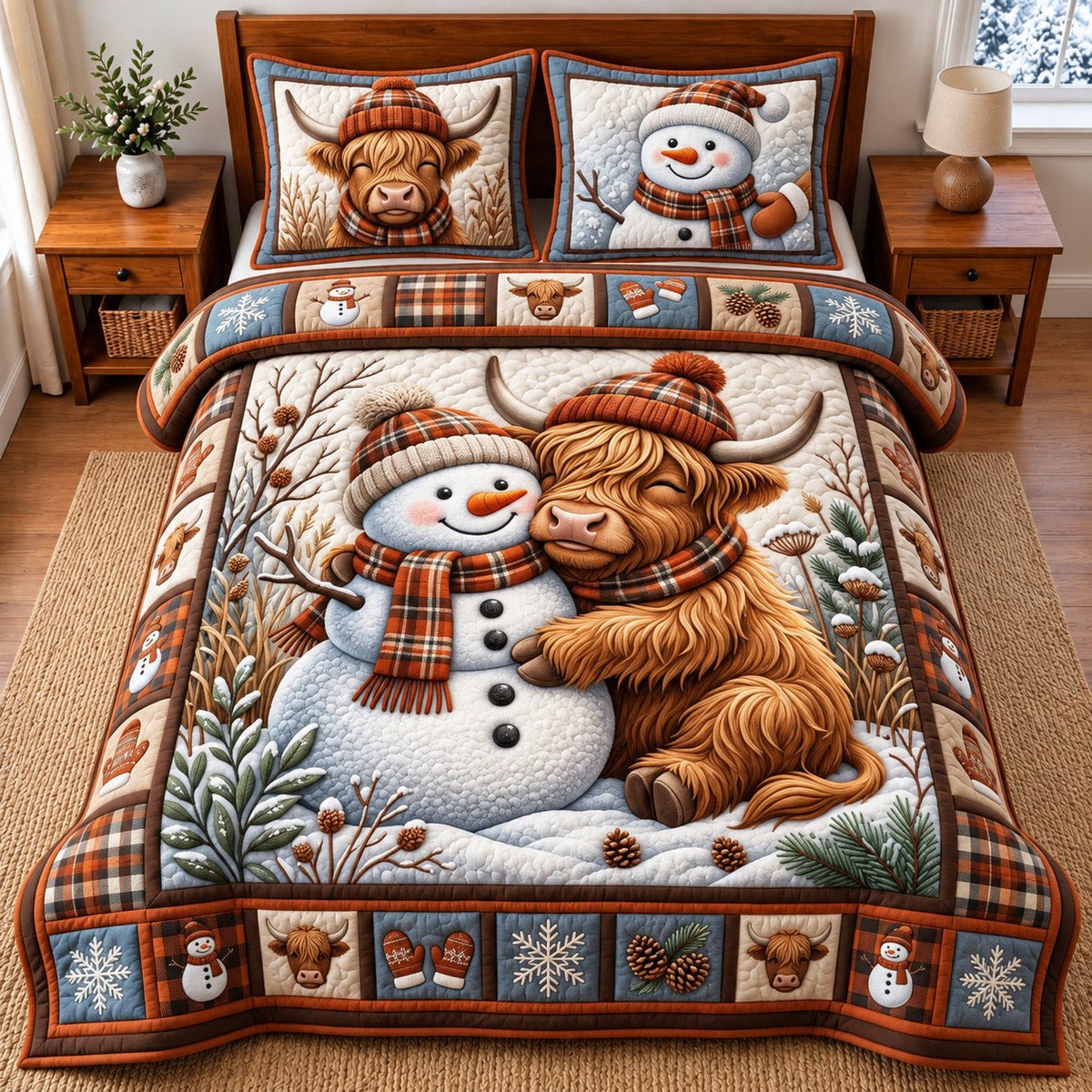 Snowman Highland 3 Piece Quilted Bedding Set Gift For Cow Lovers