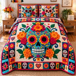 Sugar Skull Carnival 3 Piece Quilted Bedding Set Gift For Gothic Decor Lovers