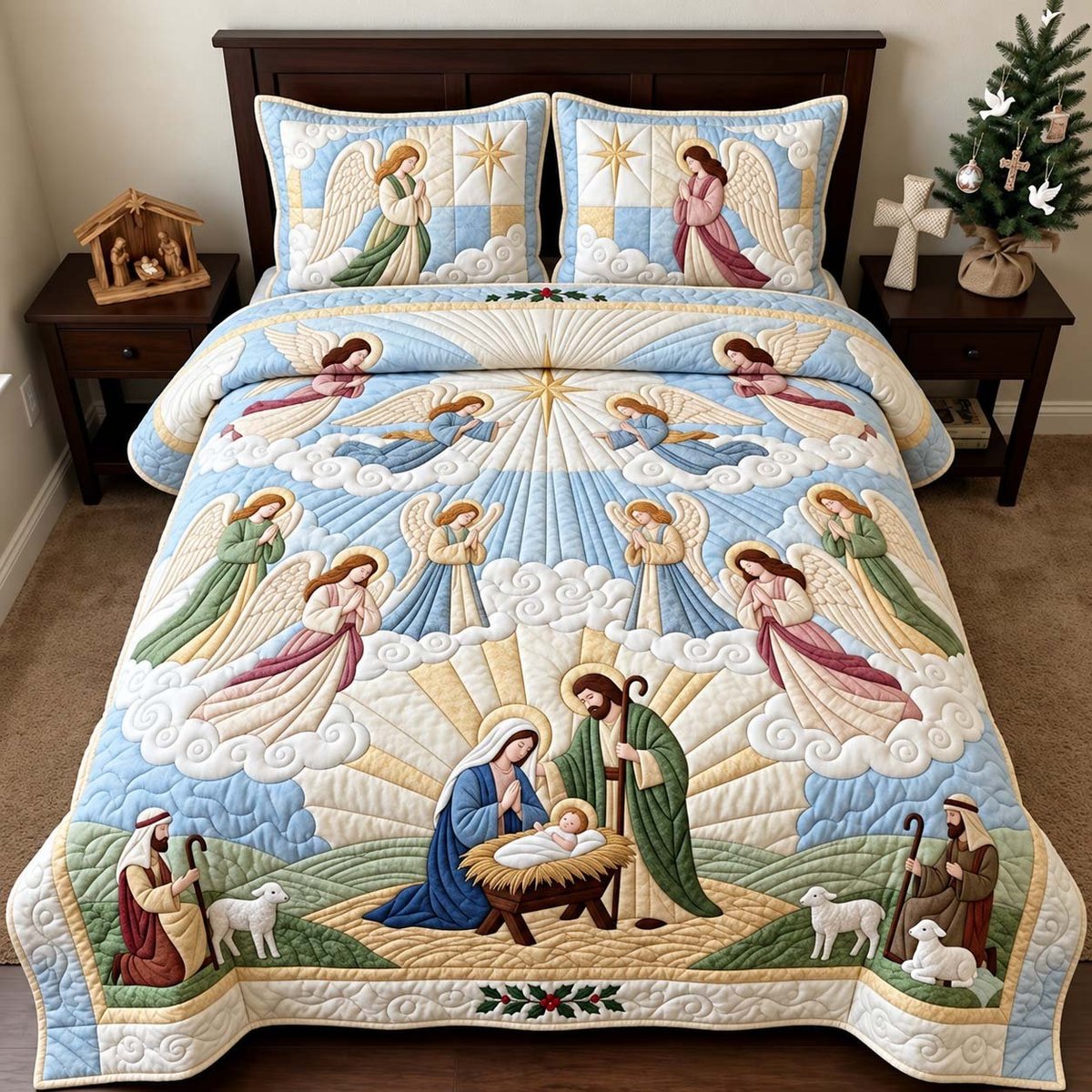 Angels of Christian 3 Piece Quilted Bedding Set Christmas Gift For Holiday Decor Lovers