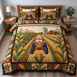 Cornfield Tractor Cow 3 Piece Quilted Bedding Set Gift For Farmhouse Decor Lovers