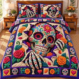 Sugar Skull Blossom 3 Piece Quilted Bedding Set Gift For Flower Lovers