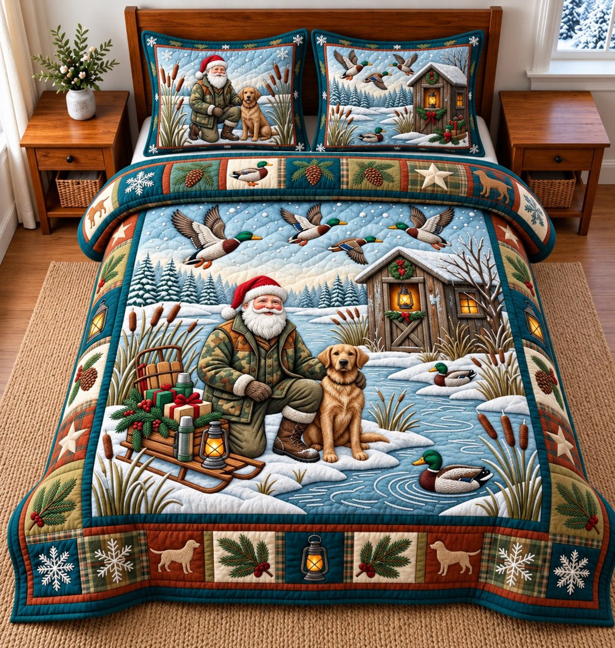 Santa Hunting 3 Piece Quilted Bedding Set Christmas Gift For Hunters