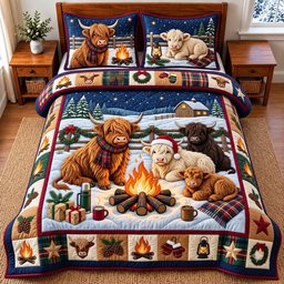 Highland Campfire 3 Piece Quilted Bedding Set Gift For Cow Lovers