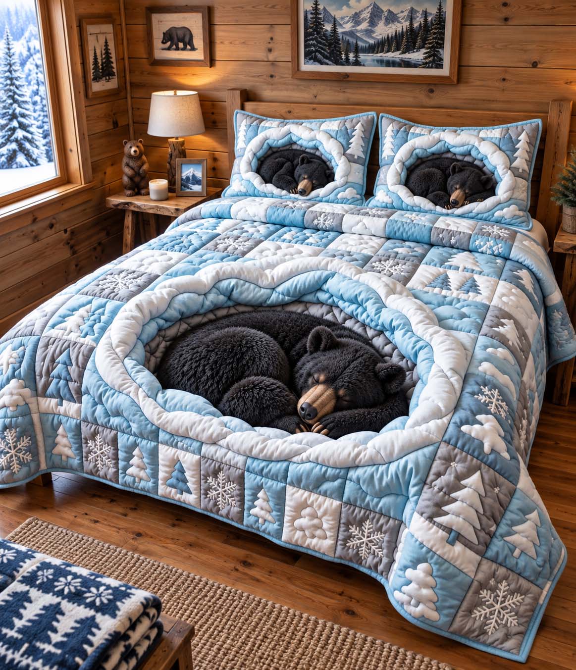 Winter Hibernation Bear 3 Piece Quilted Bedding Set Gift For Bear Lovers