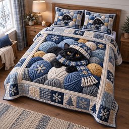 Winter Yarn Cat 3 Piece Quilted Bedding Set Christmas Gift For Cat Lovers