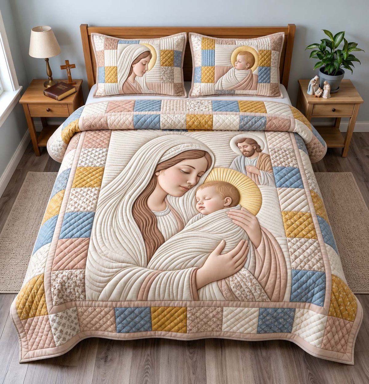 Madonna and Child Christian 3 Piece Quilted Bedding Set Gift For Christians