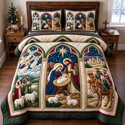 Holy Nativity Window Christian 3 Piece Quilted Bedding Set Gift For Christians