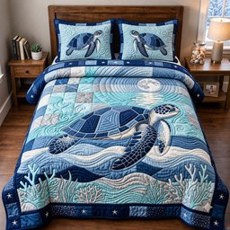 Moonlit Sea Turtle Beach 3 Piece Quilted Bedding Set Gift For Turtle Lovers