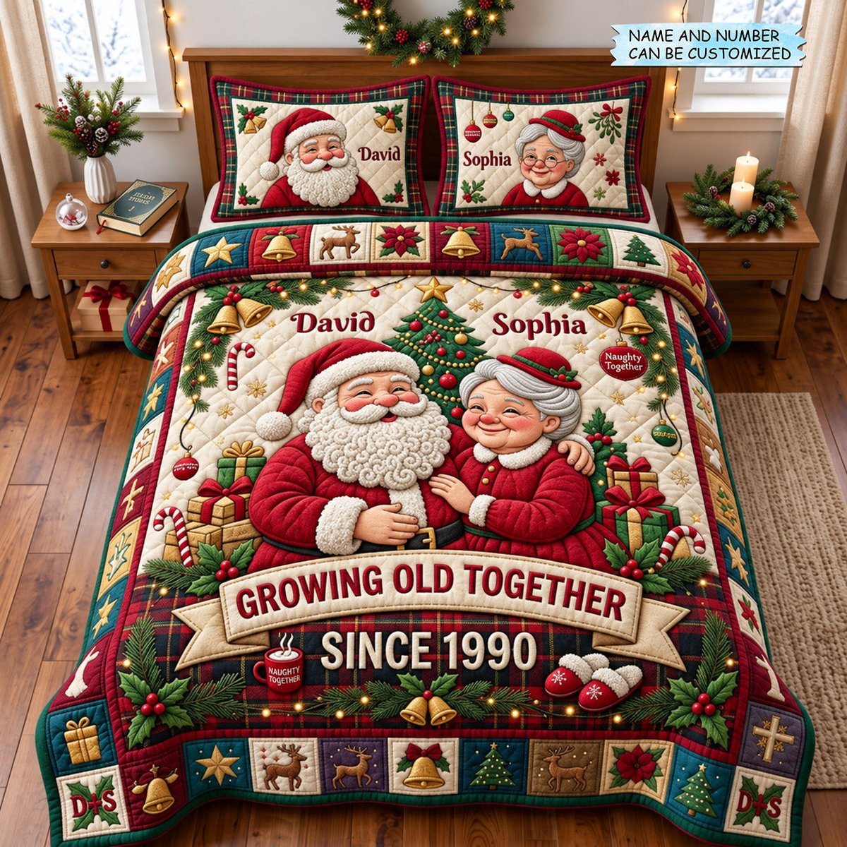 Santa Couple 3 Piece Quilted Bedding Set Christmas Gift For Holiday Decor Lovers