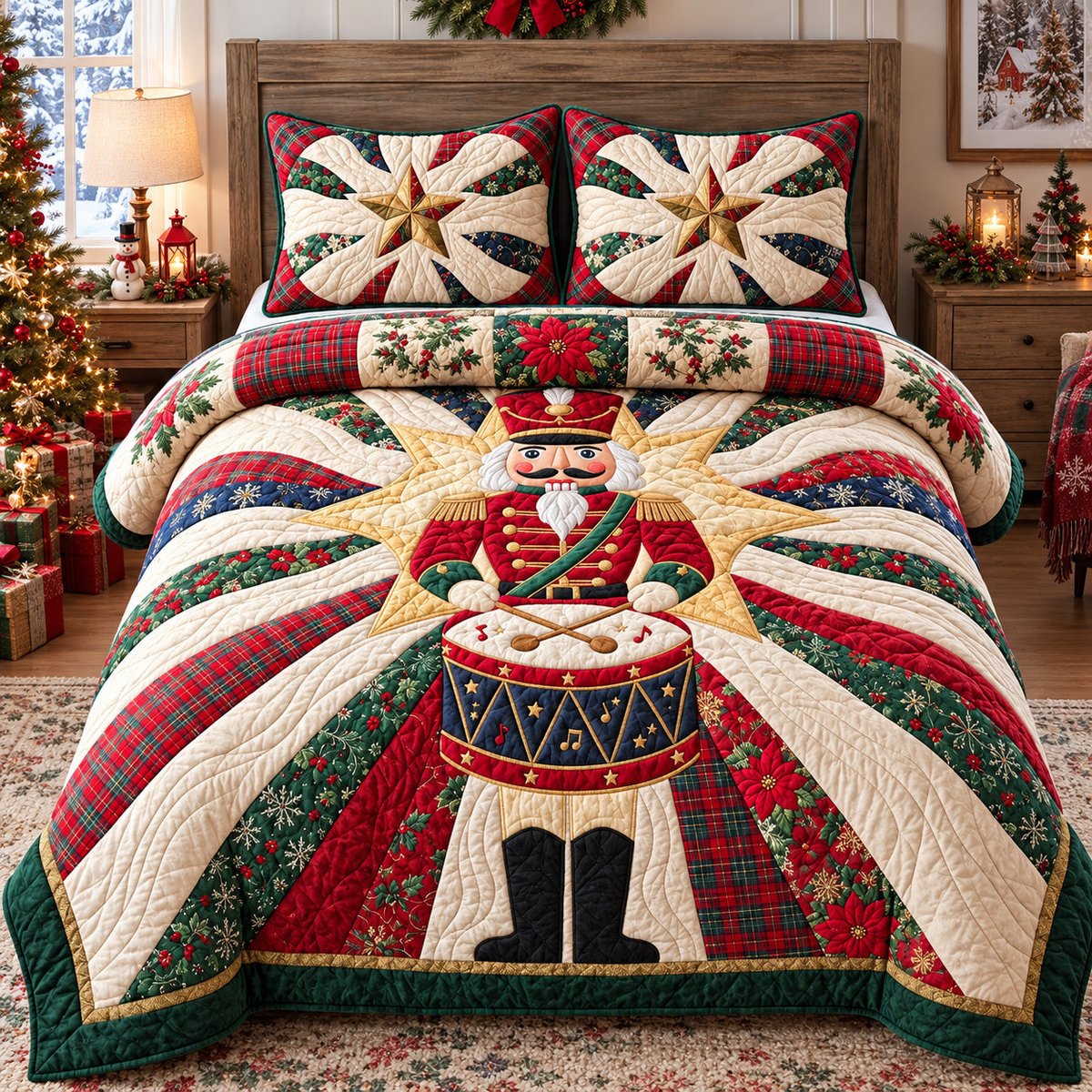 Nutcracker Drummer 3 Piece Quilted Bedding Set Gift For Holiday Decor Lovers