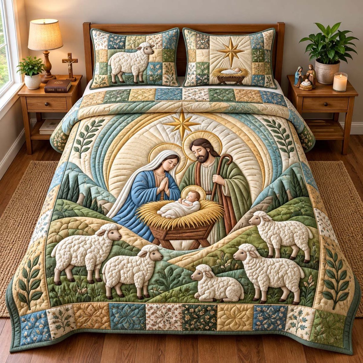Nativity of Shepherd Christian 3 Piece Quilted Bedding Set Gift For Christians