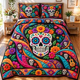 Sugar Skull Mosaic 3 Piece Quilted Bedding Set Gift For Gothic Decor Lovers