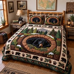 Black Bear Nest 3 Piece Quilted Bedding Set Gift For Bear Lovers
