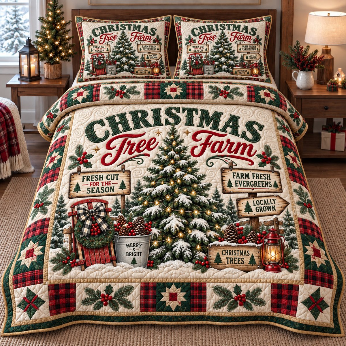 Tree Farm 3 Piece Quilted Bedding Set Christmas Gift For Farmhouse Decor Lovers