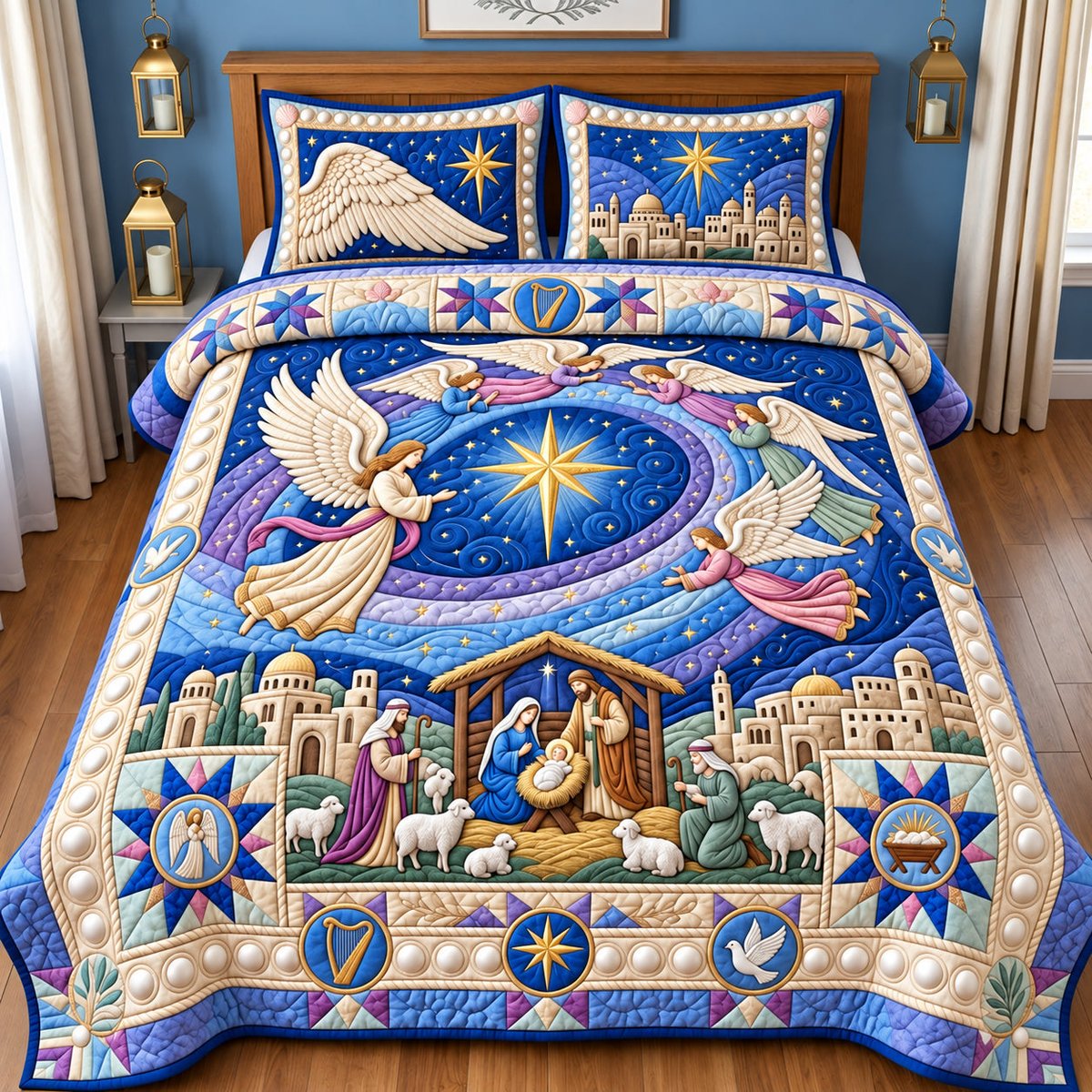 Angels Over Bethlehem Cardinal 3 Piece Quilted Bedding Set Gift For Bird Lovers