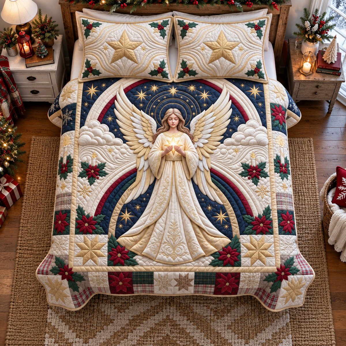 Angel 3 Piece Quilted Bedding Set Christmas Gift For Holiday Decor Lovers