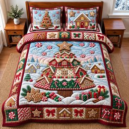 Gingerbread Village Cardinal 3 Piece Quilted Bedding Set Christmas Gift For Holiday Decor Lovers