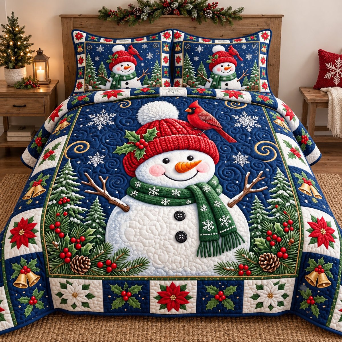 Cheerful Snowman 3 Piece Quilted Bedding Set Gift For Holiday Decor Lovers