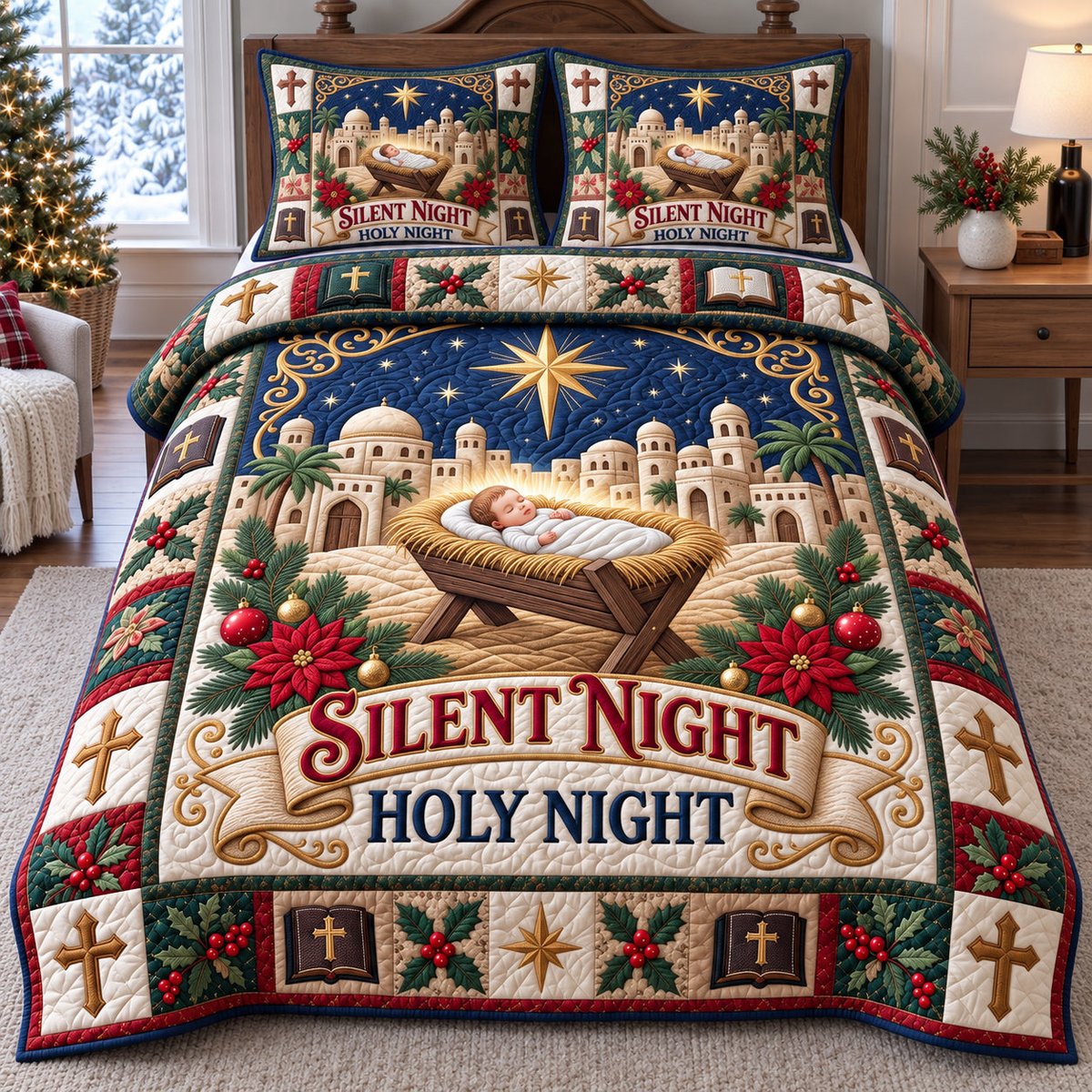 Silent Night Nativity Christian 3 Piece Quilted Bedding Set Gift For Christians