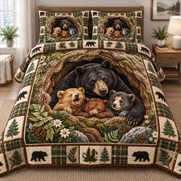 Cozy Bear Den 3 Piece Quilted Bedding Set Gift For Bear Lovers