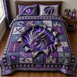 Amethyst Dragon 3 Piece Quilted Bedding Set Gift For Fantasy Lovers